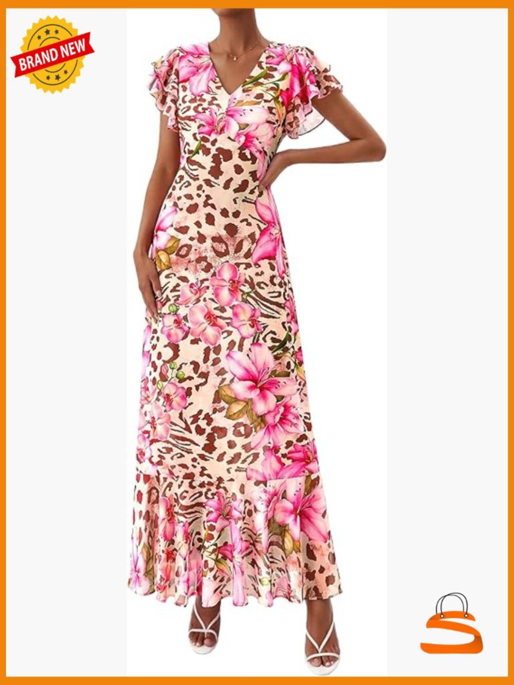 Boho Floral Maxi Dress with Ruffle Sleeves for Beach Wedding Vacation